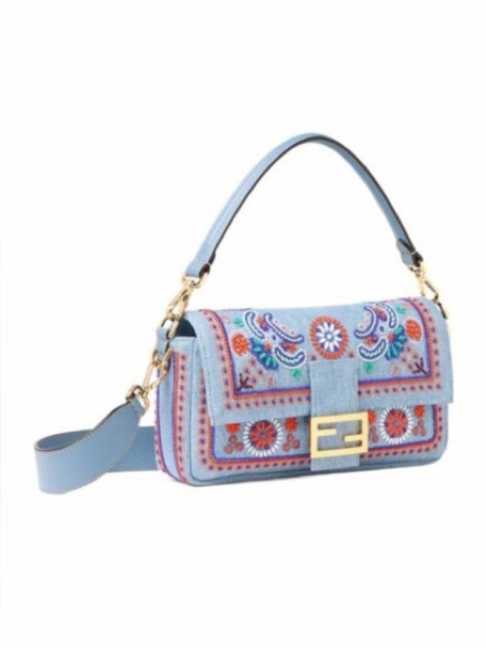AUTHENTIC Fendi Light Blue Embroidered Shoulder Bag with Gold Hardware NEW